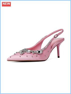 Satin Slingback Kitten Heels Rhinestone Pointed Toe Dress Pumps